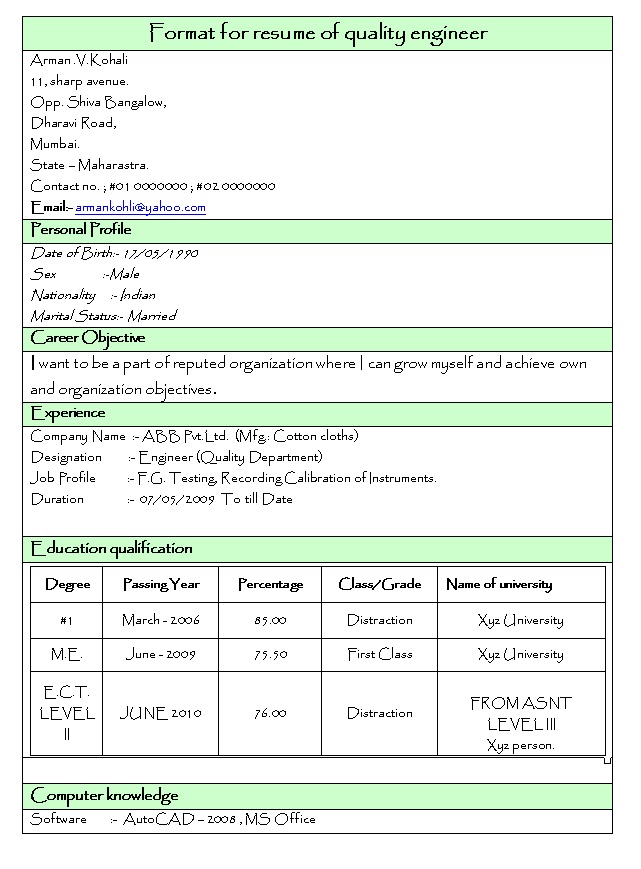 Freshers engineering resume format
